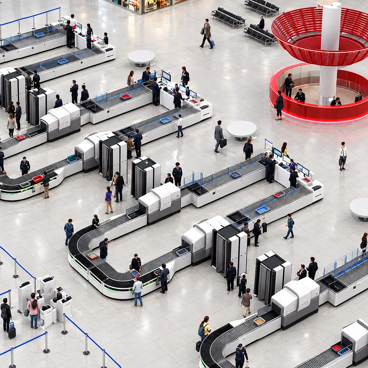 Multi-lane security screening hall with baggage scanners and walk-through gates