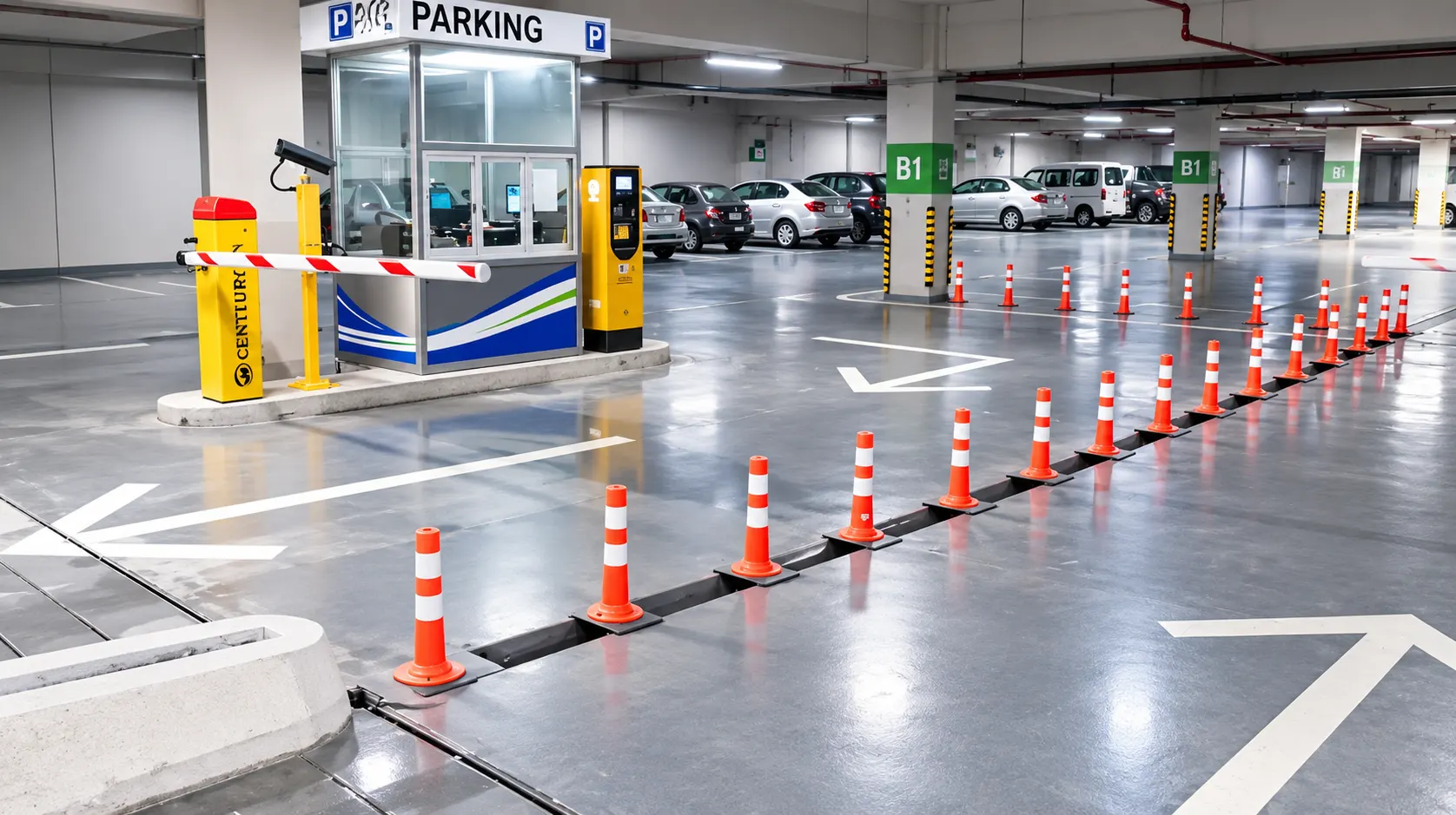 Automated car park entry with parking booth and barrier